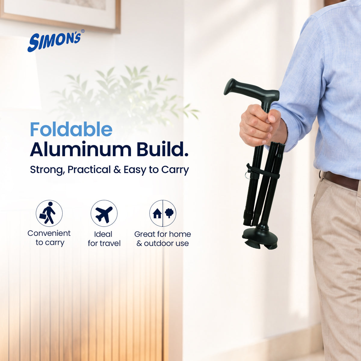 Simon’s Uno Foldable Aluminum Walking Stick with 360° Pivot Base, Foldable & Height Adjustable – Black