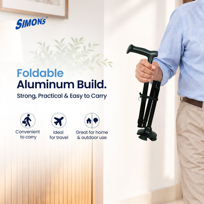 Simon’s Uno Foldable Aluminum Walking Stick with 360° Pivot Base, Foldable & Height Adjustable – Black