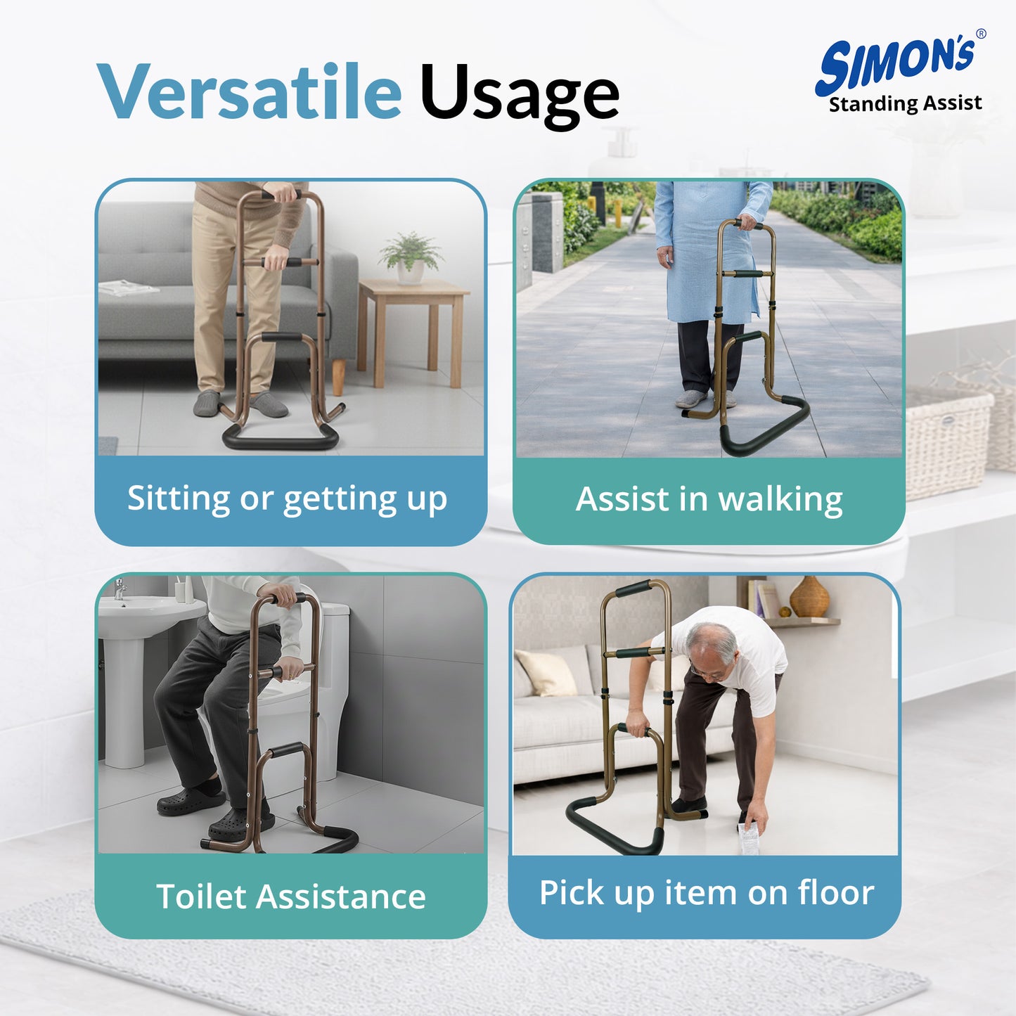 Simon's Elevate Aluminum Standing Assist for Elderly Helps in Sitting and Standing from Chair, Sofa, or Bed with Tri-Level Handgrip and Adjustable Height | Light-Weight Support Stand