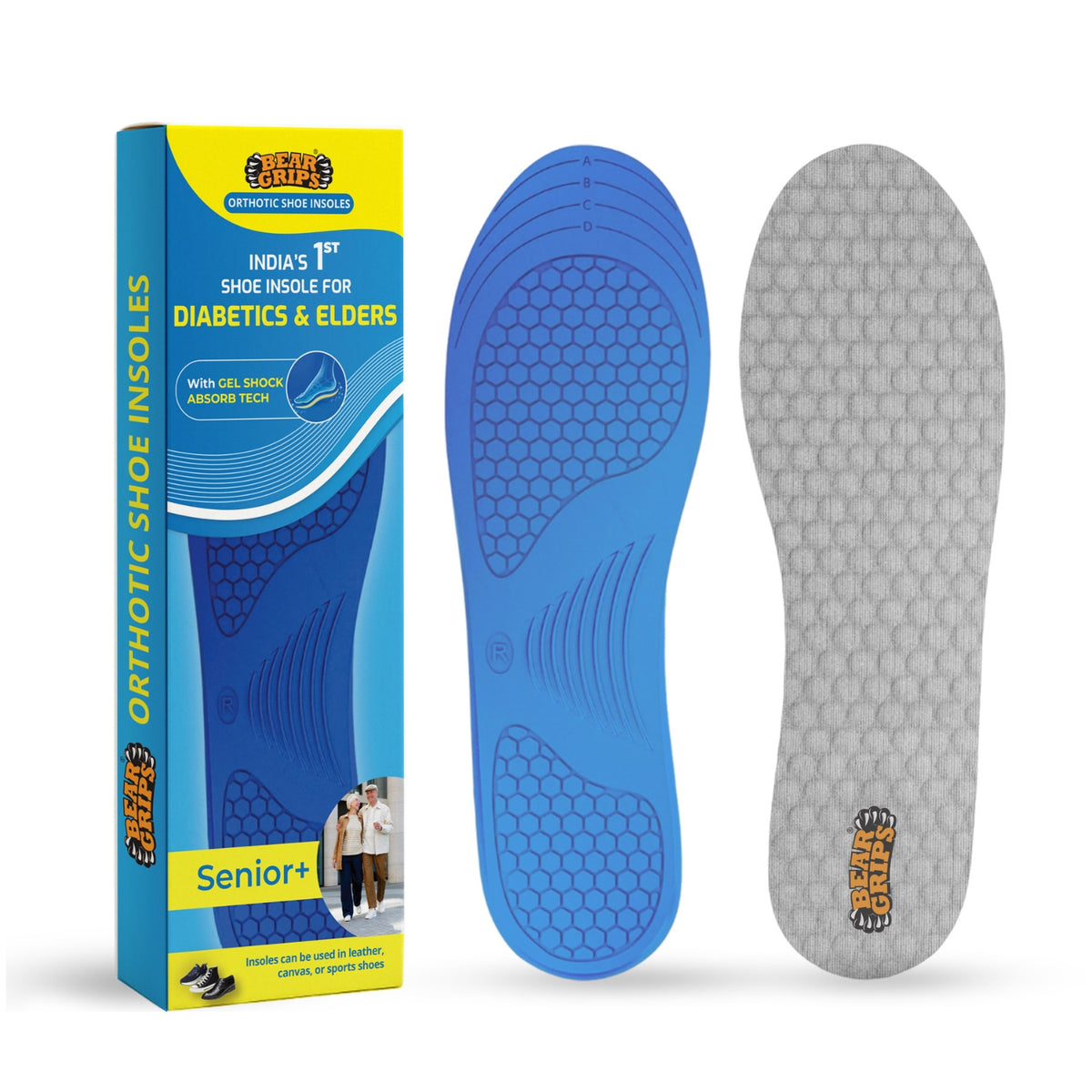Bear Grips Senior Plus orthotic shoe insoles for diabetics and elders with blue gel cushioning and textured grey top cover