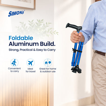 Simon’s Uno Foldable Aluminum Walking Stick with 360° Pivot Base, Foldable & Height Adjustable – Blue