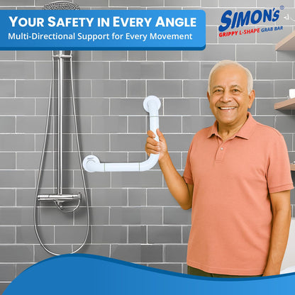 Simon's Grippy Heavy-Duty Nylon + SS304 Inside Bathroom and Toilet Anti Slip 90 Degree Grab bar for Elderly Hand Railing and Safety Handle| White | 3.5 cm Broad, 30 cm X 30 cm L-Shape Grab Rail