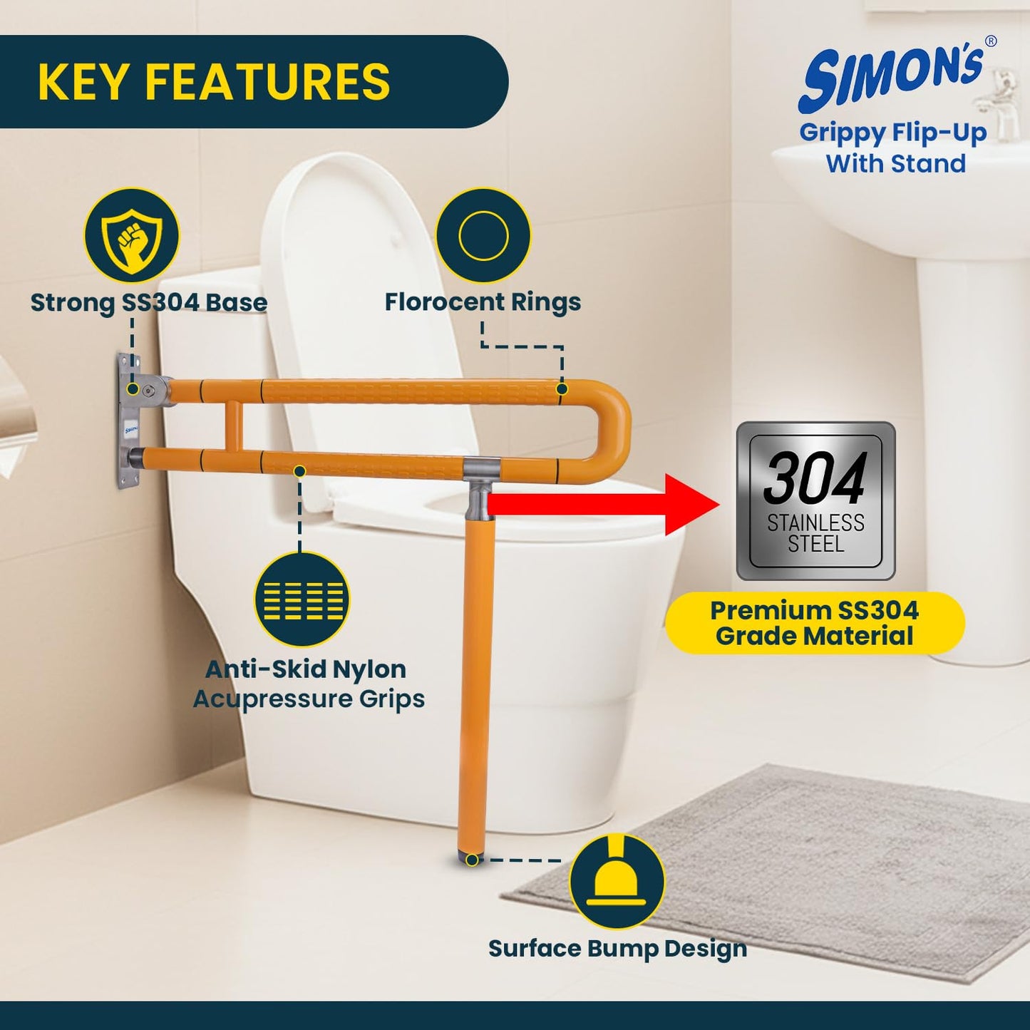 Simon’s Flip-Up Grab Bar with Floor Stand | SS304 + Nylon Build | Heavy-Duty Toilet Safety Rail for Elderly & Disabled | Anti-Slip Foldable Handrail for Bathroom/Commode – 60 cm, Orange