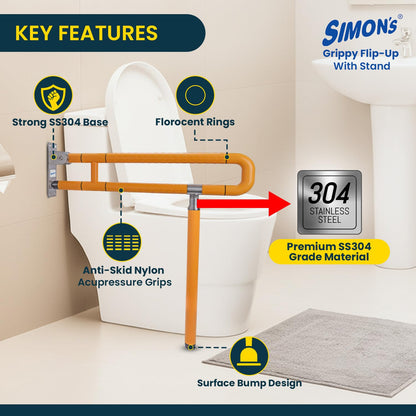 Simon’s Flip-Up Grab Bar with Floor Stand | SS304 + Nylon Build | Heavy-Duty Toilet Safety Rail for Elderly & Disabled | Anti-Slip Foldable Handrail for Bathroom/Commode – 60 cm, Orange