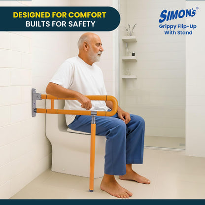 Simon’s Flip-Up Grab Bar with Floor Stand | SS304 + Nylon Build | Heavy-Duty Toilet Safety Rail for Elderly & Disabled | Anti-Slip Foldable Handrail for Bathroom/Commode – 60 cm, Orange