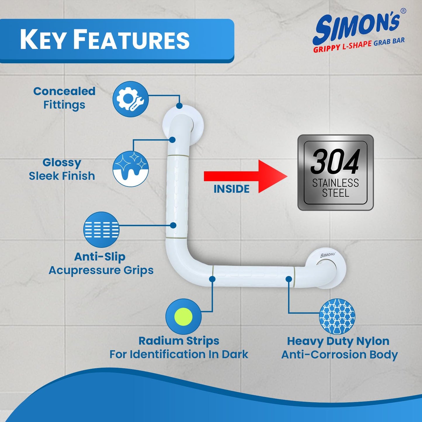 Simon's Grippy Heavy-Duty Nylon + SS304 Inside Bathroom and Toilet Anti Slip 90 Degree Grab bar for Elderly Hand Railing and Safety Handle| White | 3.5 cm Broad, 30 cm X 30 cm L-Shape Grab Rail