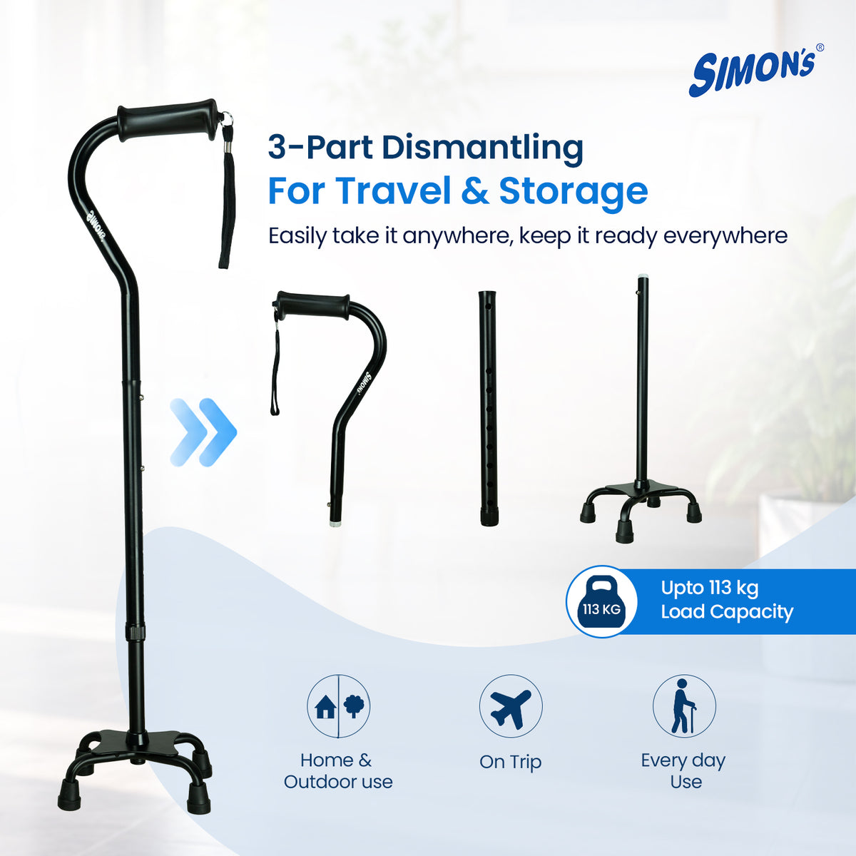 Simon’s Quadra Aluminum Walking Stick with Four-Leg Base, Height Adjustable – Black