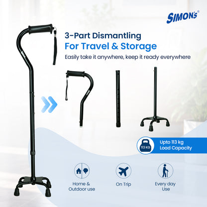 Simon’s Quadra Aluminum Walking Stick with Four-Leg Base, Height Adjustable – Black