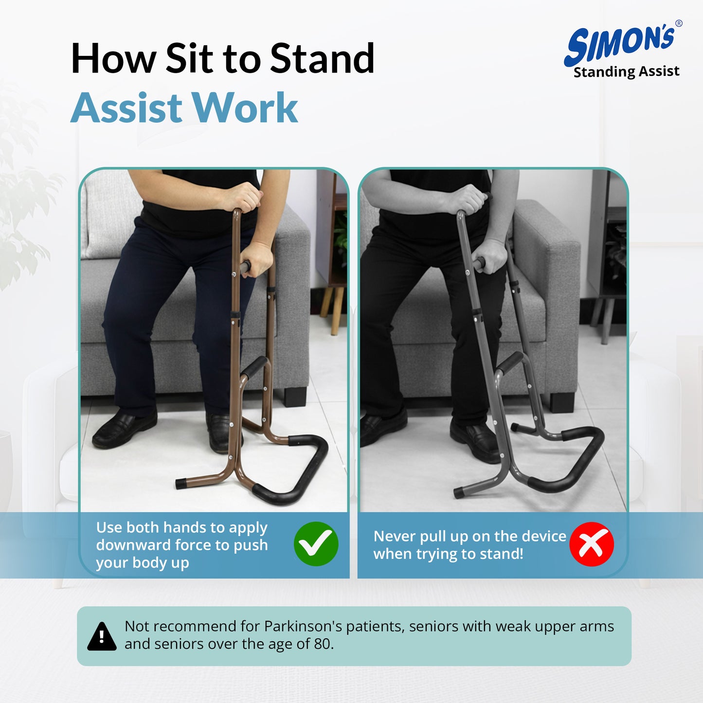 Simon's Elevate Aluminum Standing Assist for Elderly Helps in Sitting and Standing from Chair, Sofa, or Bed with Tri-Level Handgrip and Adjustable Height | Light-Weight Support Stand