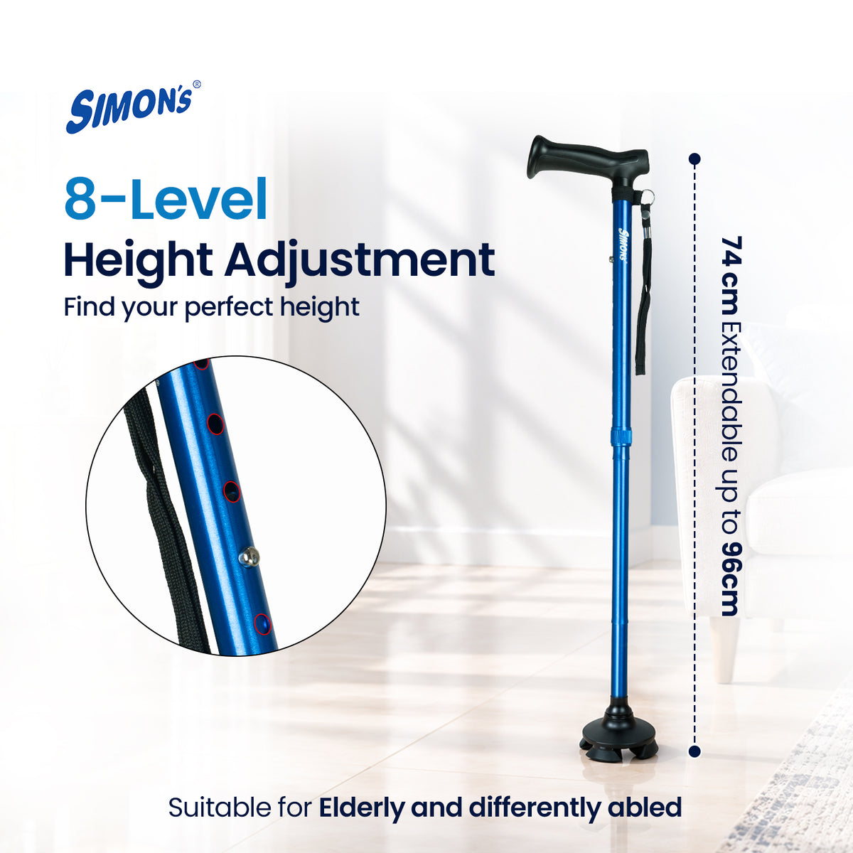 Simon’s Uno Foldable Aluminum Walking Stick with 360° Pivot Base, Foldable & Height Adjustable – Blue