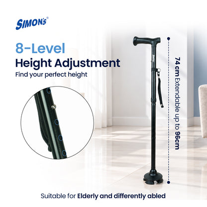 Simon’s Uno Foldable Aluminum Walking Stick with 360° Pivot Base, Foldable & Height Adjustable – Black