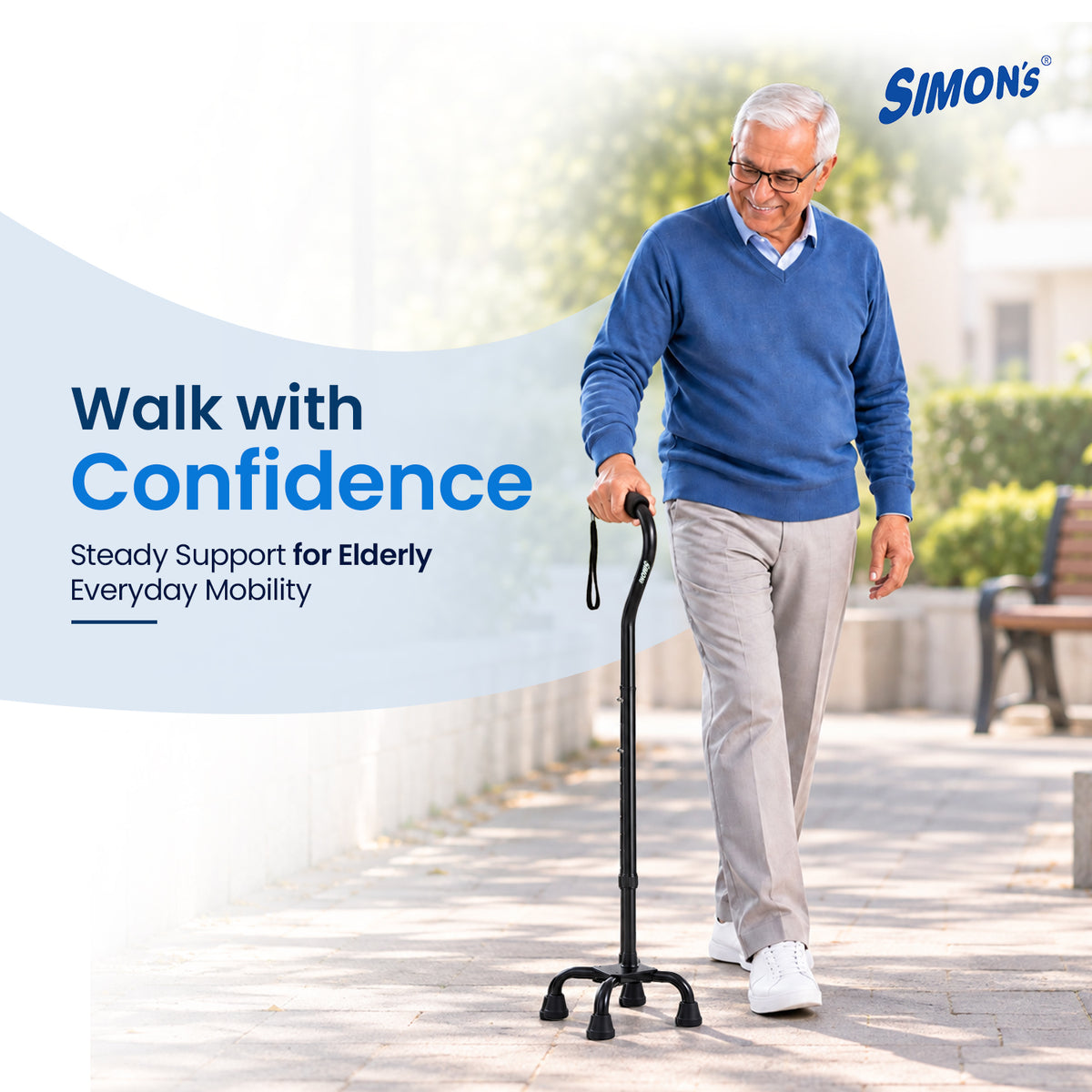 Simon’s Quadra Aluminum Walking Stick with Four-Leg Base, Height Adjustable – Black