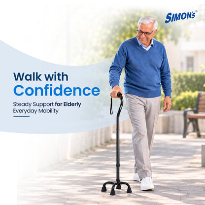 Simon’s Quadra Aluminum Walking Stick with Four-Leg Base, Height Adjustable – Black