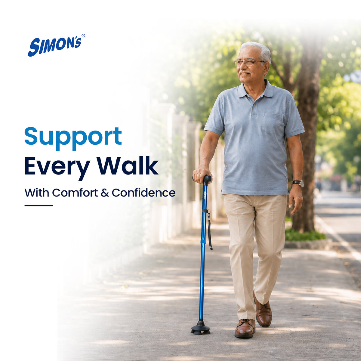 Simon’s Uno Foldable Aluminum Walking Stick with 360° Pivot Base, Foldable & Height Adjustable – Blue