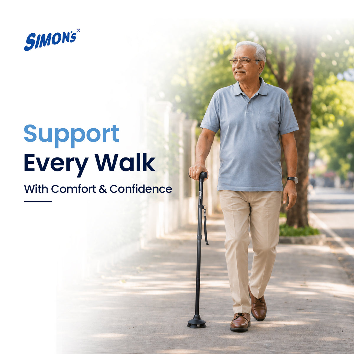 Simon’s Uno Foldable Aluminum Walking Stick with 360° Pivot Base, Foldable & Height Adjustable – Black