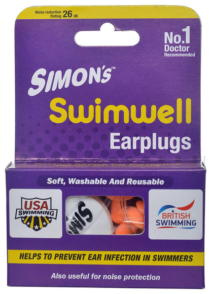 Simon's Swimwell Reusable Silicone Earplugs (3 Pairs, Orange)