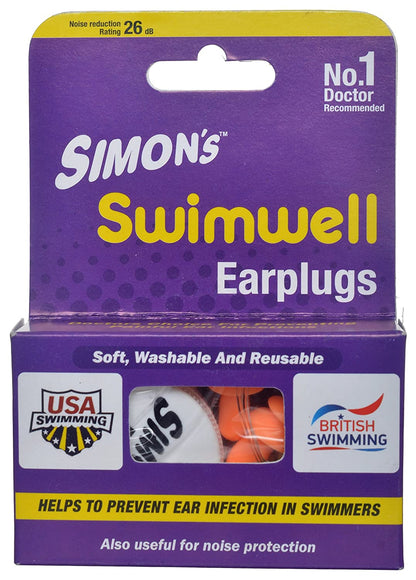 Simon's Swimwell Reusable Silicone Earplugs (2 Pairs, Orange)