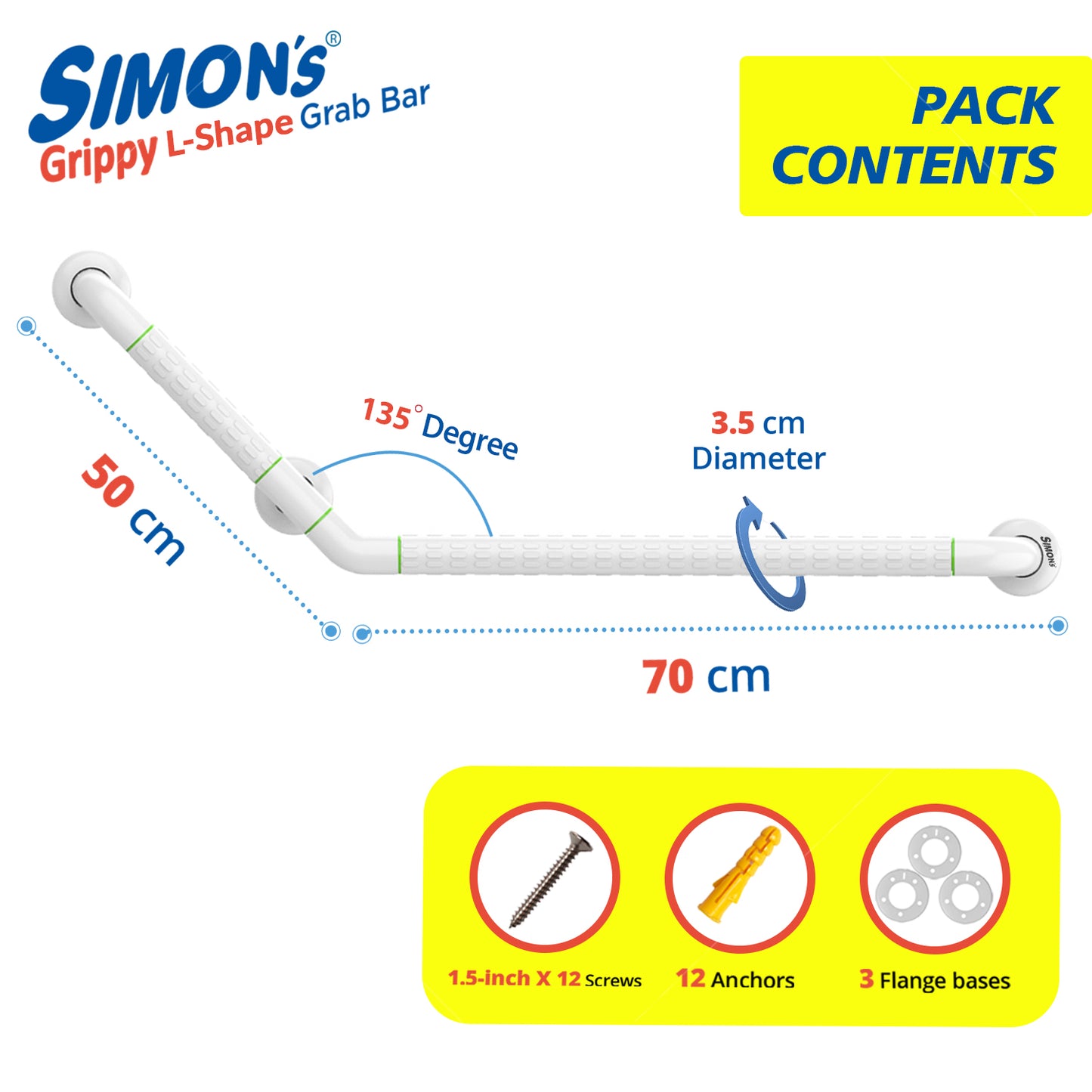 Simon's Grippy Heavy-Duty Nylon + SS304 inside Bathroom and Toilet Anti slip Grab bar for Elderly Hand Railing and safety handle| White | 3.5 cm broad, 70cm X 50 cm 135 Degree L-Shape grab rail
