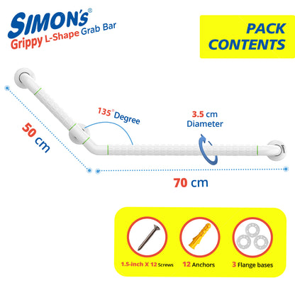 Simon's Grippy Heavy-Duty Nylon + SS304 inside Bathroom and Toilet Anti slip Grab bar for Elderly Hand Railing and safety handle| White | 3.5 cm broad, 70cm X 50 cm 135 Degree L-Shape grab rail