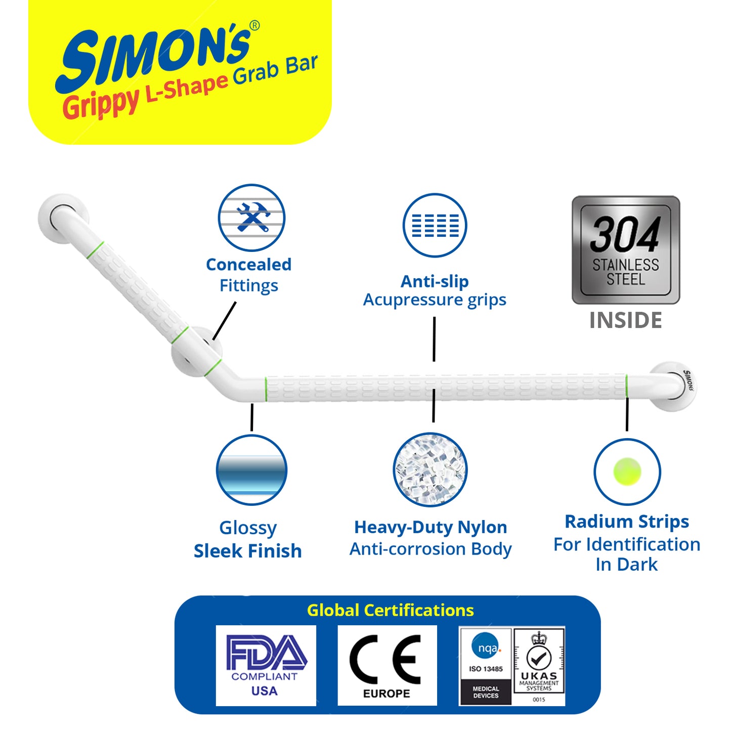 Simon's Grippy Heavy-Duty Nylon + SS304 inside Bathroom and Toilet Anti slip Grab bar for Elderly Hand Railing and safety handle| White | 3.5 cm broad, 70cm X 50 cm 135 Degree L-Shape grab rail