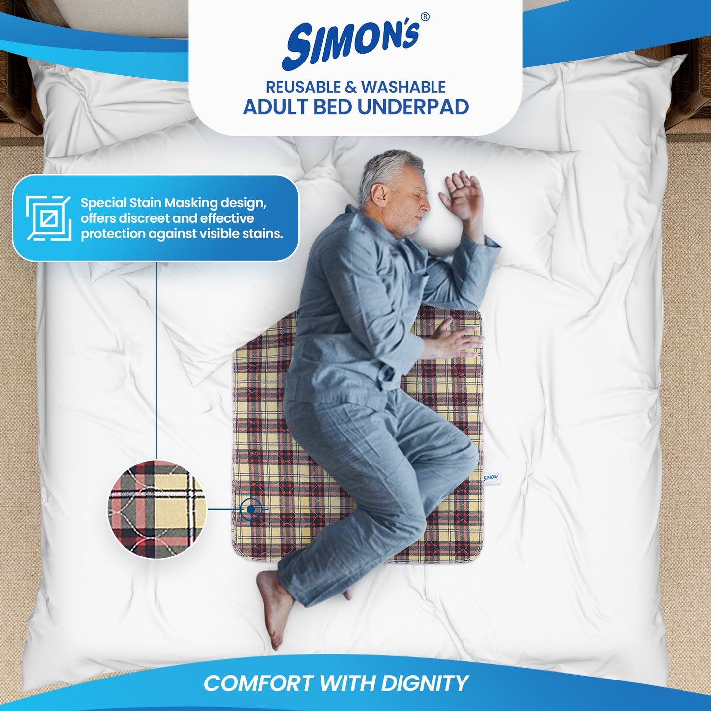 Simon’s Adult Reusable Stain-Mask Bed Underpad for Elderly, Heavy Absorbency Large Size 34 X 36 inches - Brown