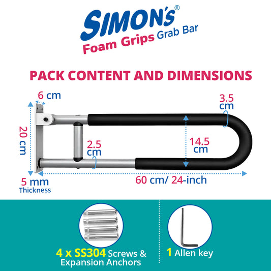 Simon’s FoamGrips Heavy-Duty Aluminum Folding Grab bar for Elderly in Toilet - 60cm