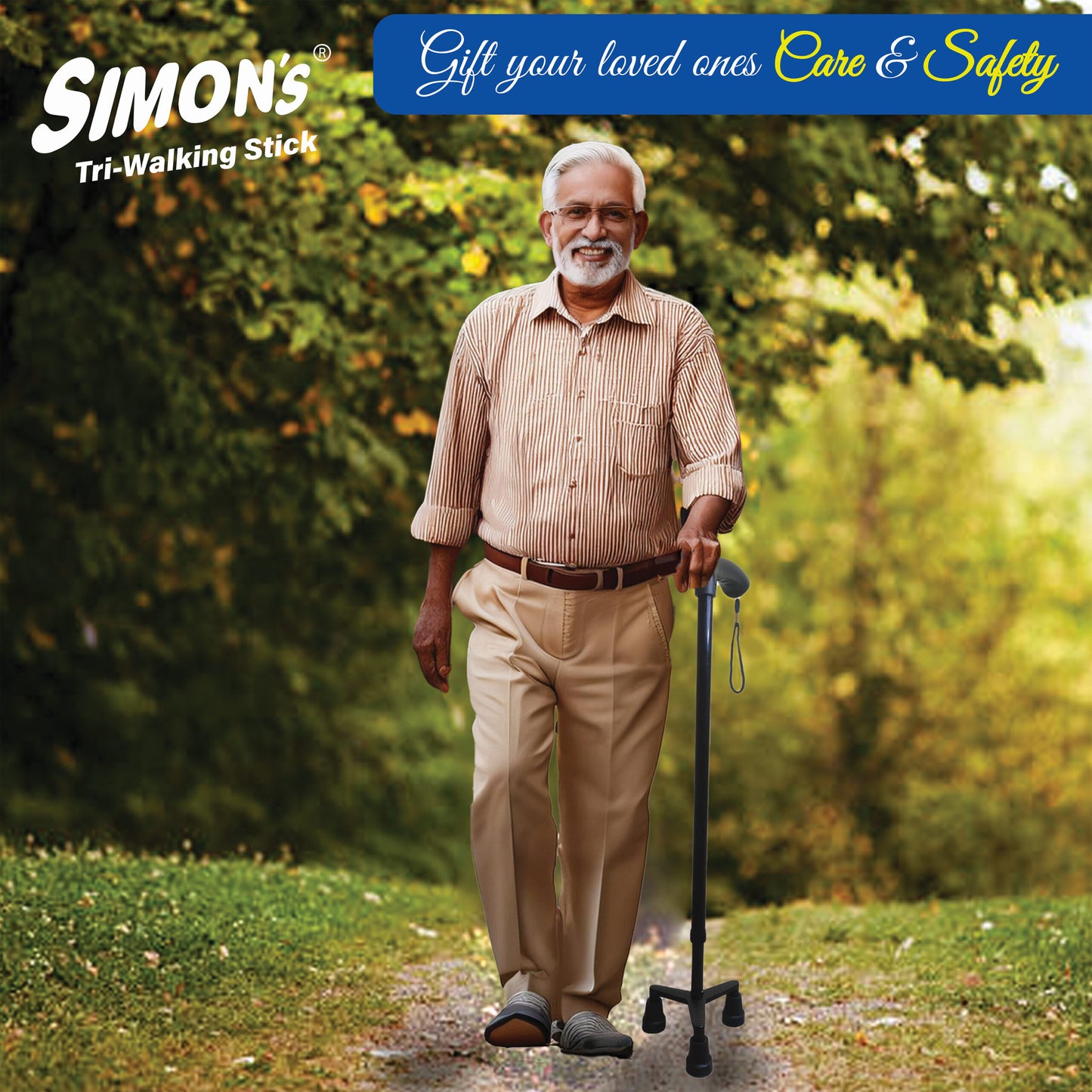 Simon’s Aluminum Walking Stick with 3-Legs | Lightweight Height Adjustable Hand Stick for Elderly, Handicapped and Patients Walking Support | Tripod Legs| Color - Black