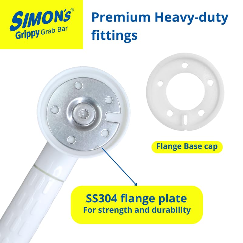 Simon's Grippy Heavy-Duty Nylon and SS304 Inside Bathroom and Toilet Anti Slip Grab bar with 2 Legs for Elderly Hand Railing and Safety Handle| White | 3.5 cm Broad, 90 cm Length Grab Rail - 1pc