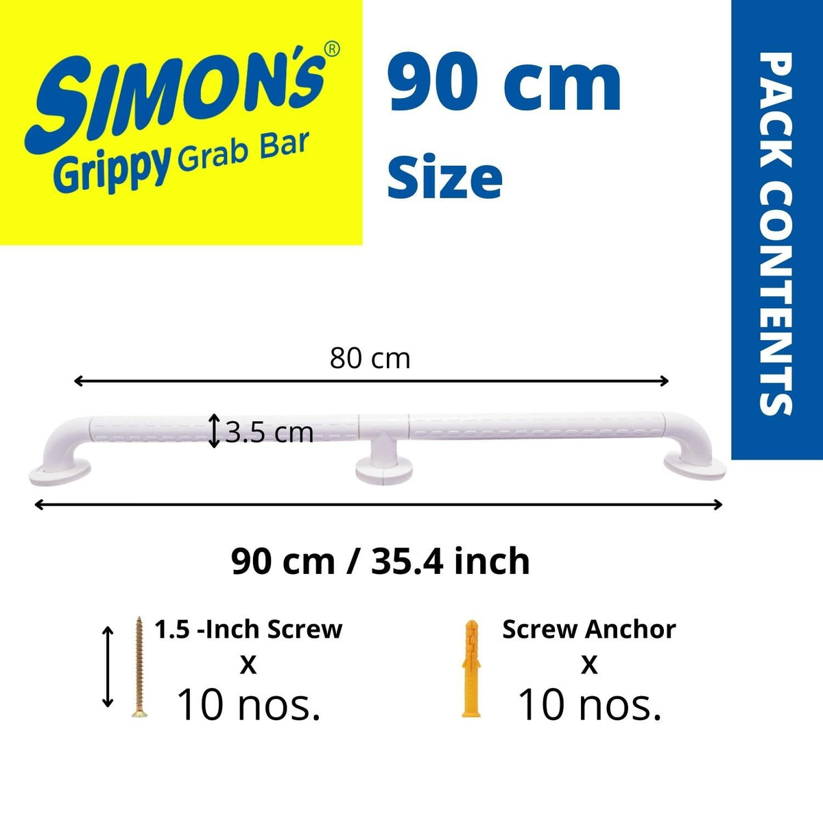 Simon's Grippy Heavy-Duty Nylon and SS304 Inside Bathroom and Toilet Anti Slip Grab bar with 2 Legs for Elderly Hand Railing and Safety Handle| White | 3.5 cm Broad, 90 cm Length Grab Rail - 1pc