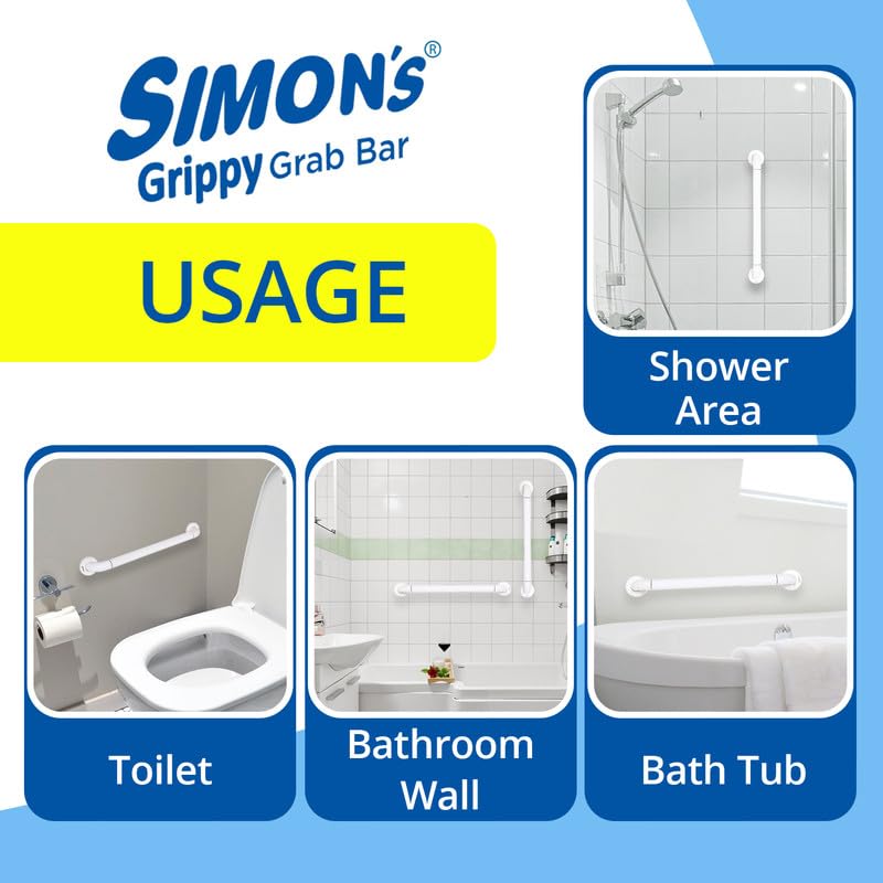 Simon's Grippy Heavy-Duty Nylon and SS304 Inside Bathroom and Toilet Anti Slip Grab bar with 2 Legs for Elderly Hand Railing and Safety Handle| White | 3.5 cm Broad, 90 cm Length Grab Rail - 1pc
