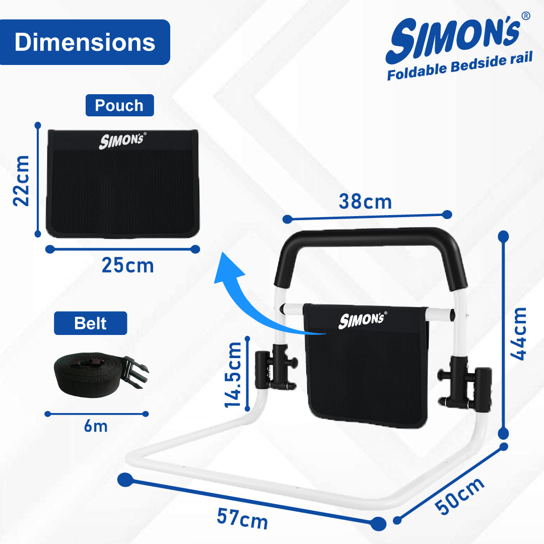 Simon's foldable steel bedrail with foam grips and storage pouch for bed side railing of elderly and adult bed safety grab bar