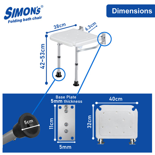 Simon’s Folding wall bath chair with adjustable legs for elderly to sit and take bath in bathroom, shower bench for senior citizens and disabled