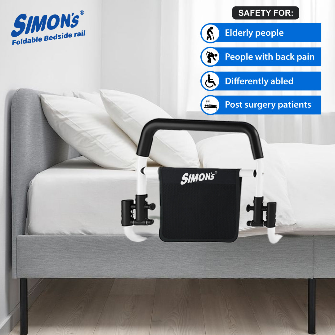 Simon's foldable steel bedrail with foam grips and storage pouch for bed side railing of elderly and adult bed safety grab bar