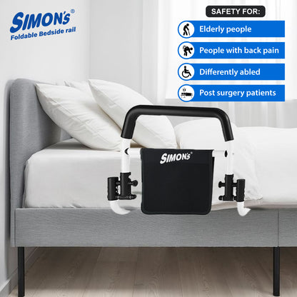 Simon's foldable steel bedrail with foam grips and storage pouch for bed side railing of elderly and adult bed safety grab bar