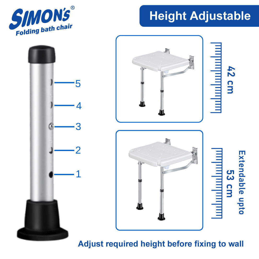 Simon’s Folding wall bath chair with adjustable legs for elderly to sit and take bath in bathroom, shower bench for senior citizens and disabled