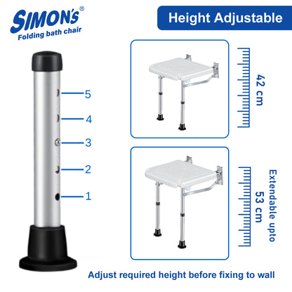 Simon’s Folding wall bath chair with adjustable legs for elderly to sit and take bath in bathroom, shower bench for senior citizens and disabled
