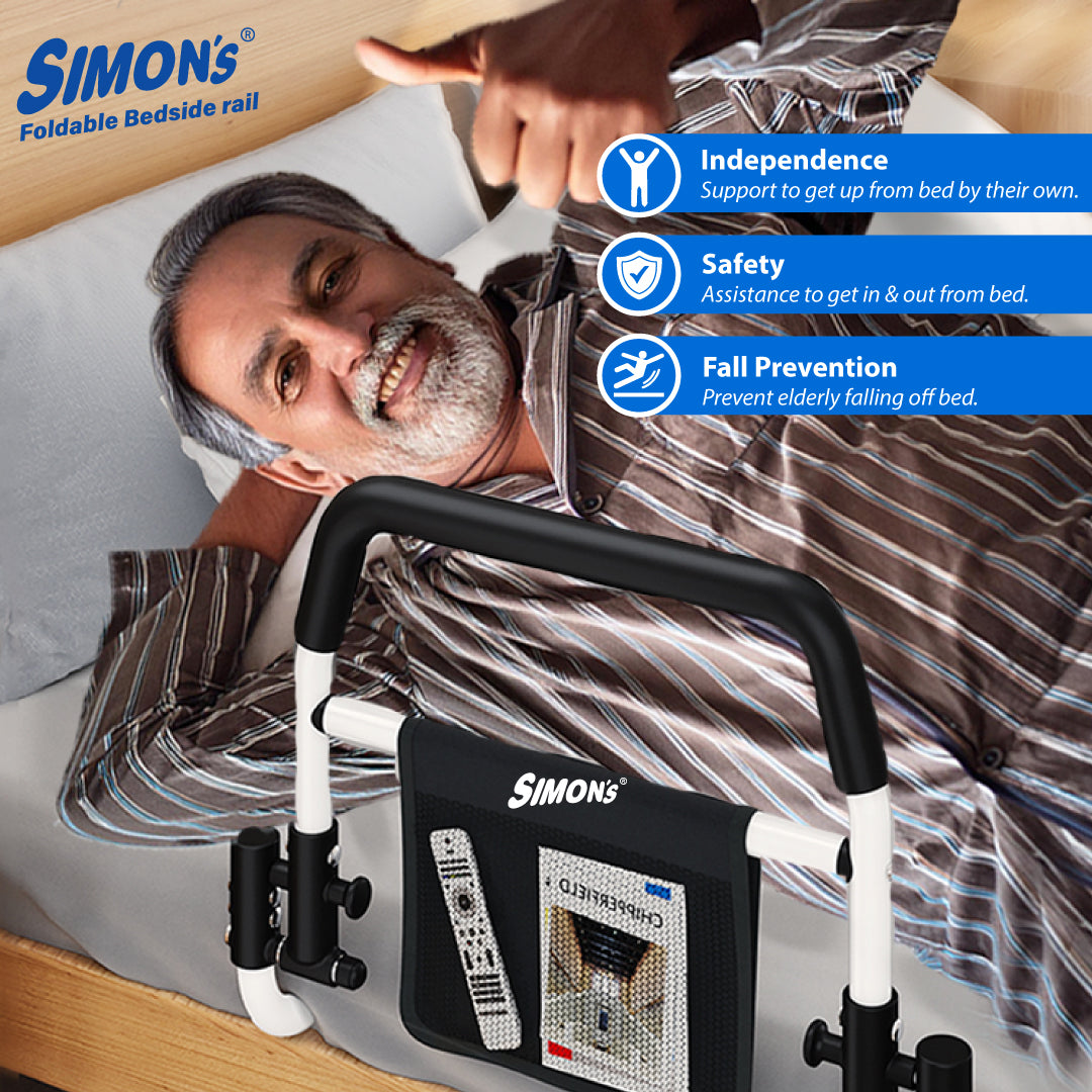 Simon's foldable steel bedrail with foam grips and storage pouch for bed side railing of elderly and adult bed safety grab bar