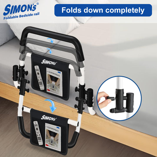 Simon's foldable steel bedrail with foam grips and storage pouch for bed side railing of elderly and adult bed safety grab bar