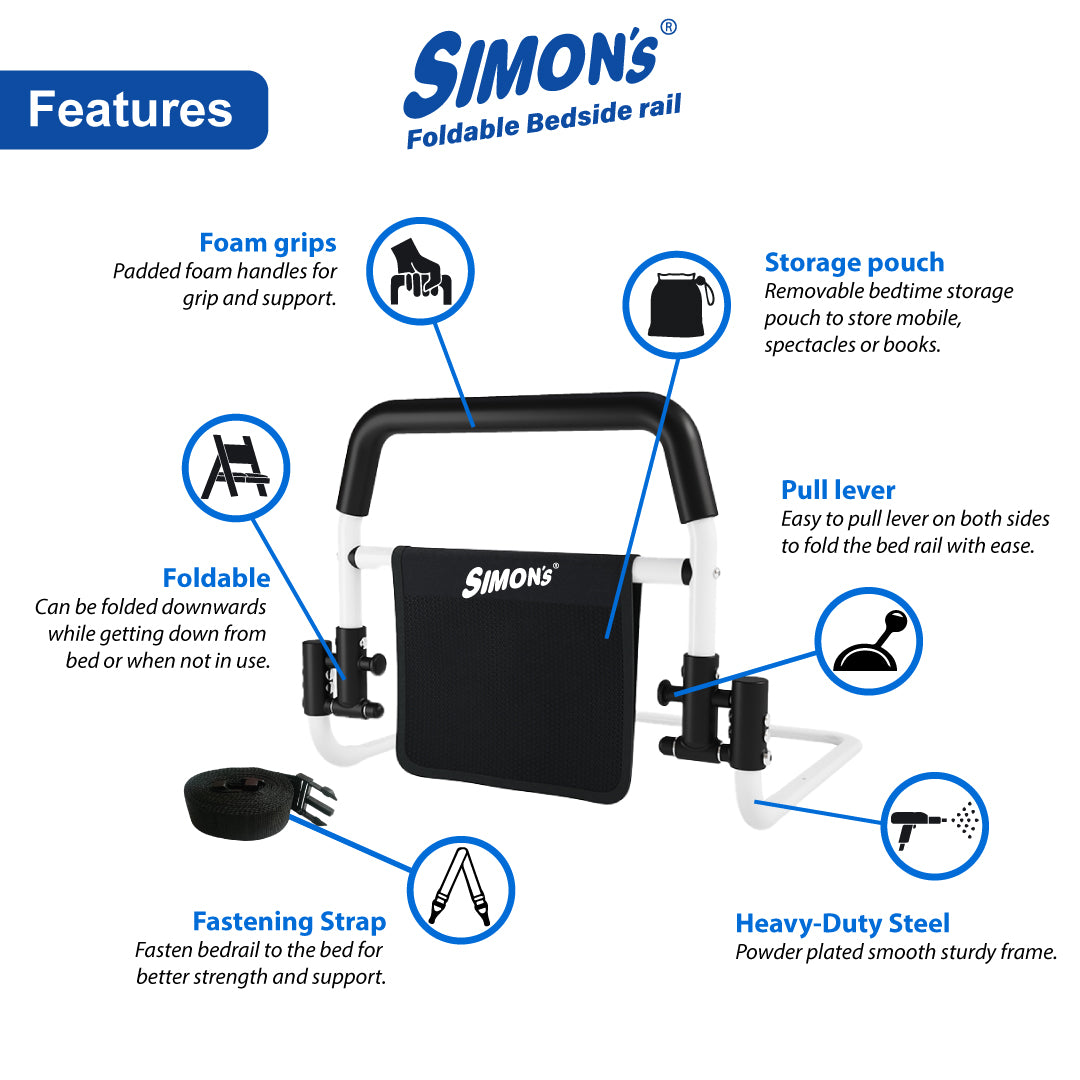 Simon's foldable steel bedrail with foam grips and storage pouch for bed side railing of elderly and adult bed safety grab bar
