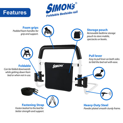Simon's foldable steel bedrail with foam grips and storage pouch for bed side railing of elderly and adult bed safety grab bar