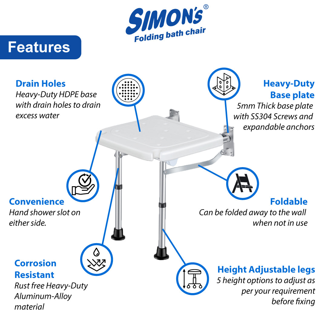 Simon’s Folding wall bath chair with adjustable legs for elderly to sit and take bath in bathroom, shower bench for senior citizens and disabled