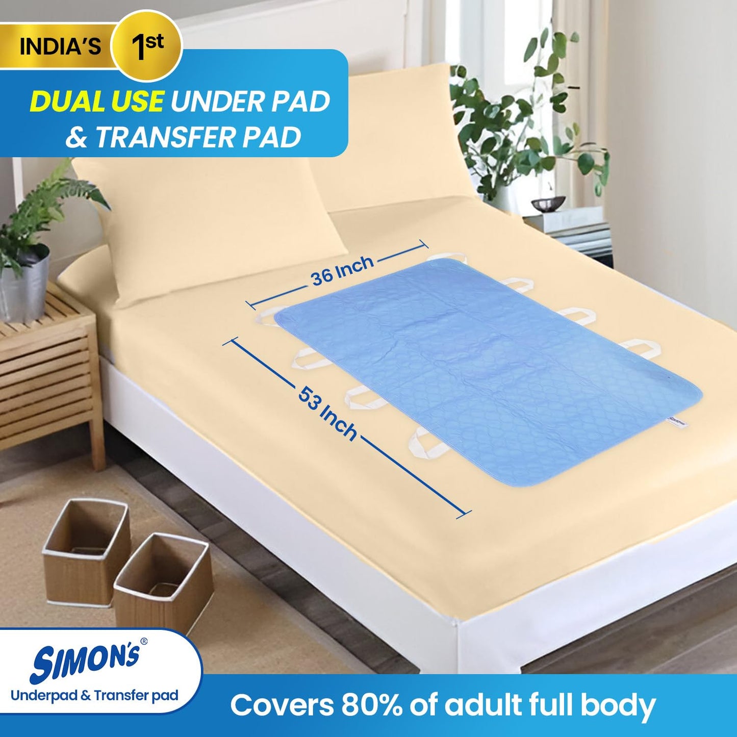 Simon's Reusable Adult Underpad with 8 Handles | 2-in-1 Transfer & Incontinence Pad | 34x53 in | Leak-Proof, Washable, Heavy Absorbency | Elderly, Seniors, Patients | Blue | 1 Pack