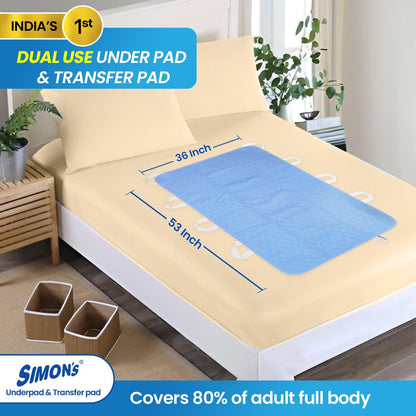 Simon's Reusable Adult Underpad with 8 Handles | 2-in-1 Transfer & Incontinence Pad | 34x53 in | Leak-Proof, Washable, Heavy Absorbency | Elderly, Seniors, Patients | Blue | 1 Pack