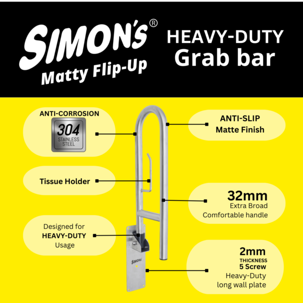 Simon’s Matty Flip-Up Heavy Duty 32mm SS304 Folding Grab bar - 60cm - Image 5