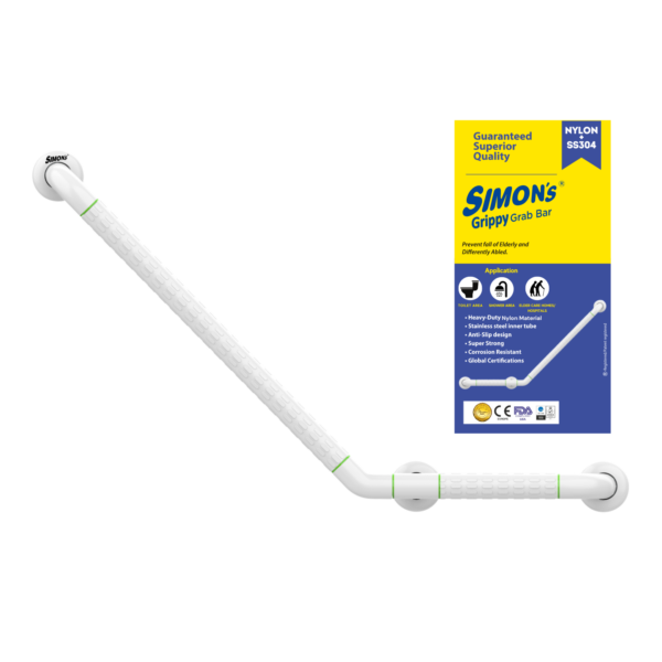 Simon's Grippy Heavy-Duty Nylon + SS304 inside Bathroom and Toilet Anti slip Grab bar for Elderly Hand Railing and safety handle| White | 3.5 cm broad, 70cm X 50 cm 135 Degree L-Shape grab rail