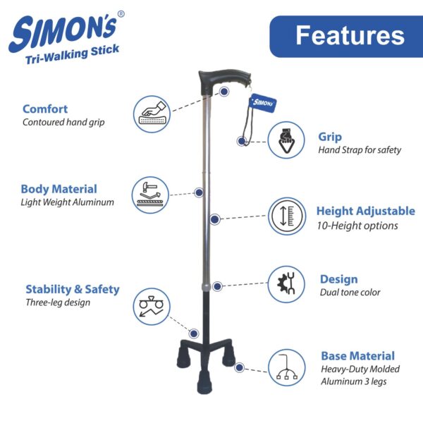 Simon’s Aluminum Walking Stick with 3-Legs | Lightweight Height Adjustable Hand Stick for Elderly, Handicapped and Patients Walking Support | Tripod Legs| Color – Steel Grey & Black - Image 2