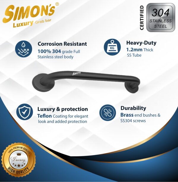 Simon’s Luxury 100% Stainless Steel 304 Heavy Duty Grab bar for Bathroom handrailing and Safety Handle for Elderly – Matte Black - Image 4