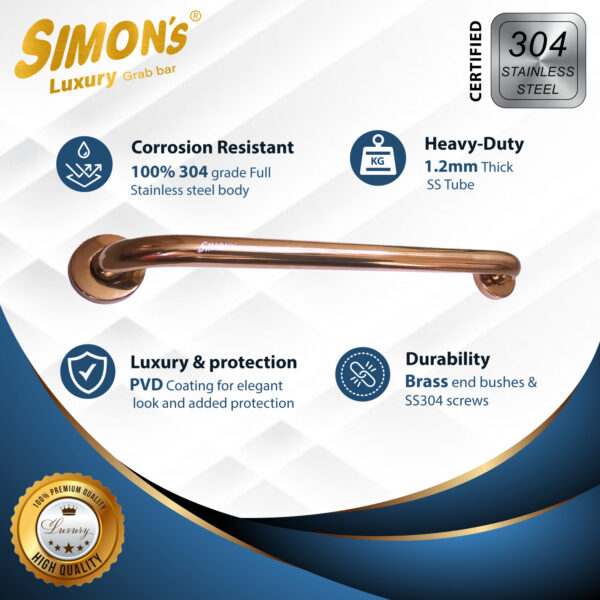 Simon’s Luxury 100% Stainless Steel 304 Heavy Duty Grab bar for Bathroom handrailing and Safety Handle for Elderly – Rose Gold - Image 6